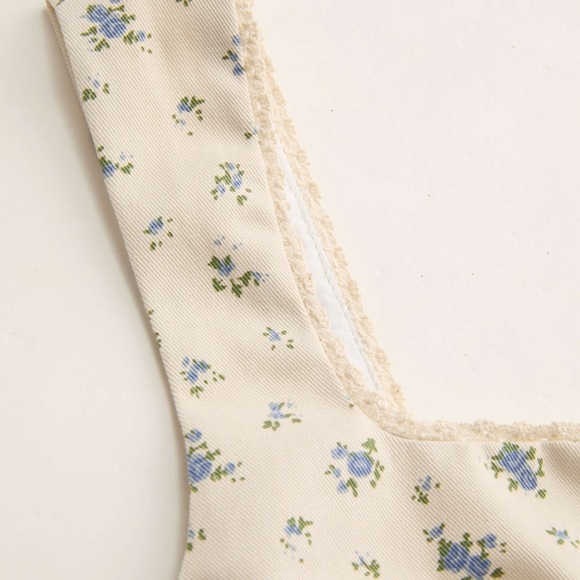 100% Cotton Cream & Blue Floral Square Neck Corset Cottagecore Tank Top Size XS - Picture 5 of 8